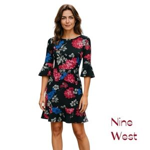 Nine West Black Pink Bold Floral Dress NWOT Size 8